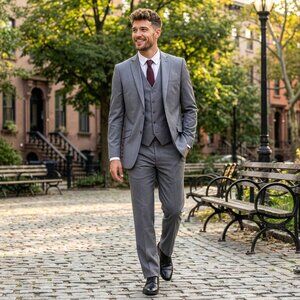 New 2026 Mens 3pc Mid Gray Suit Set, Hybrid Fit